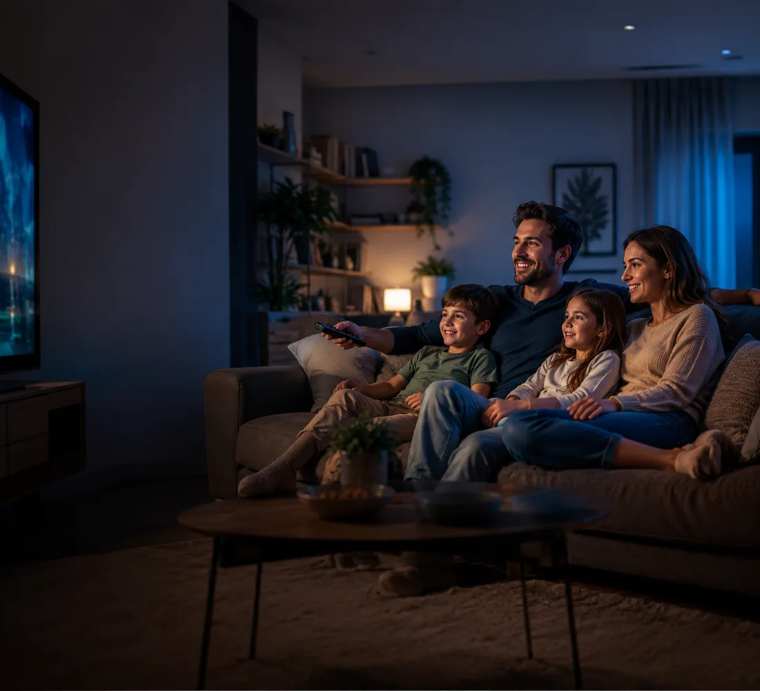 Familia viendo streaming en el sofá